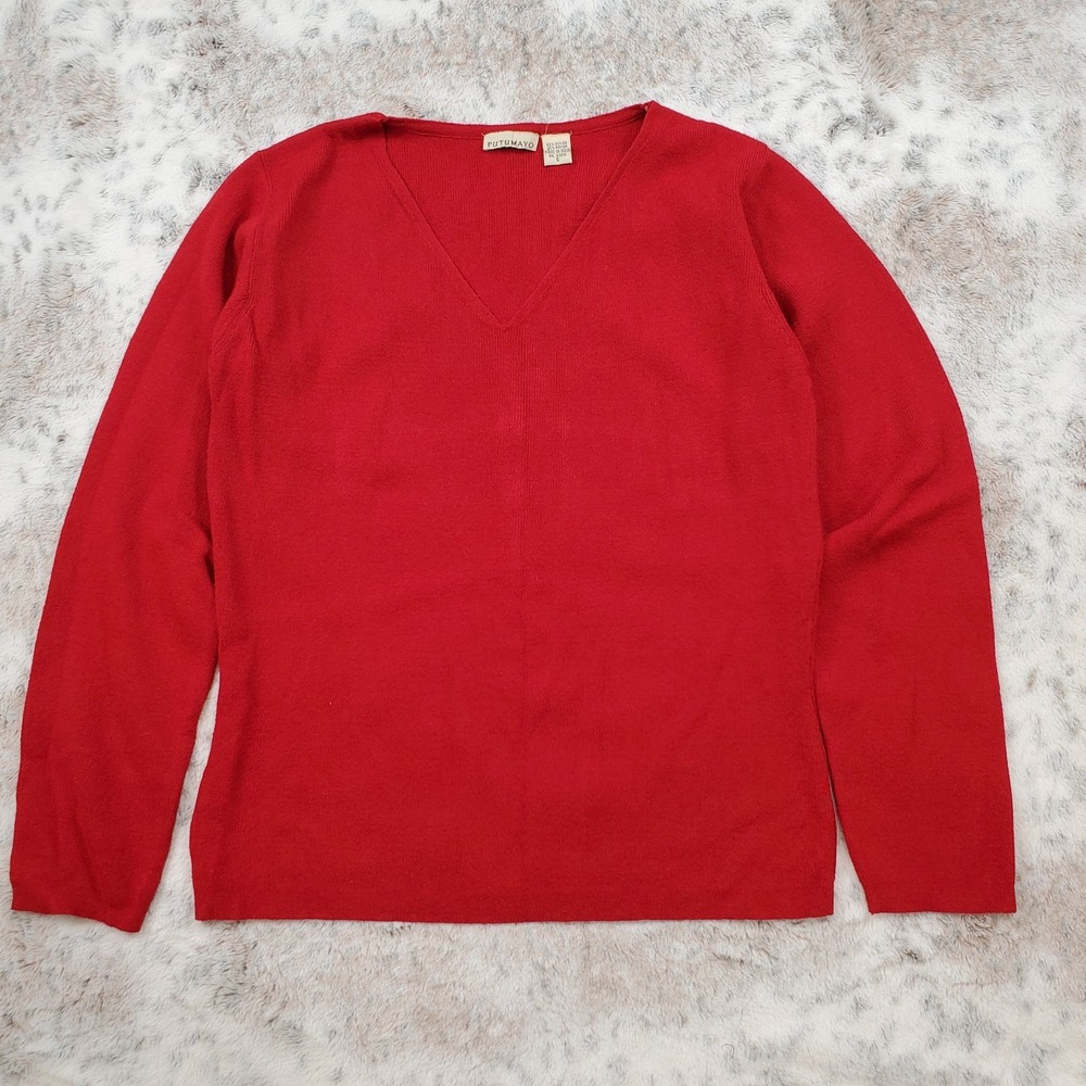 Vintage Women's Red V-Neck Long Sleeve Thin Knit Sweater 90s Size Small Putumayo